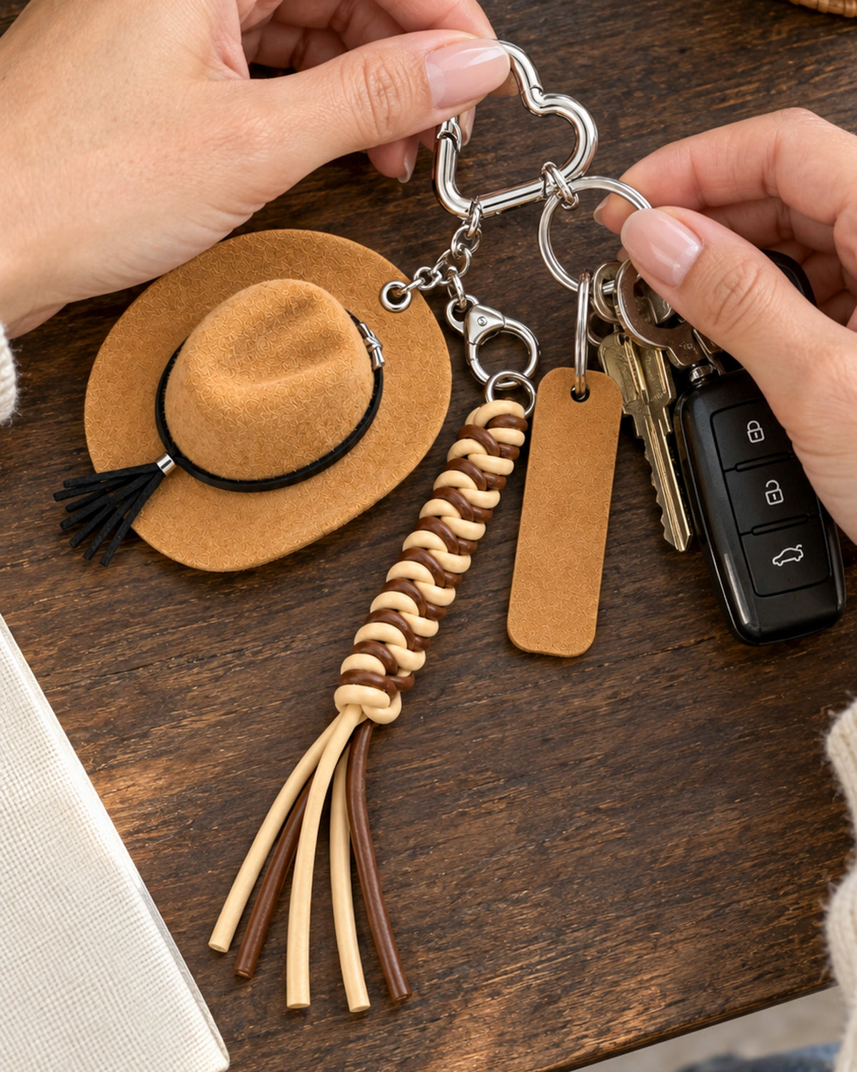 Llavero Sombrero Vaquero – Trenza y Plaqueta