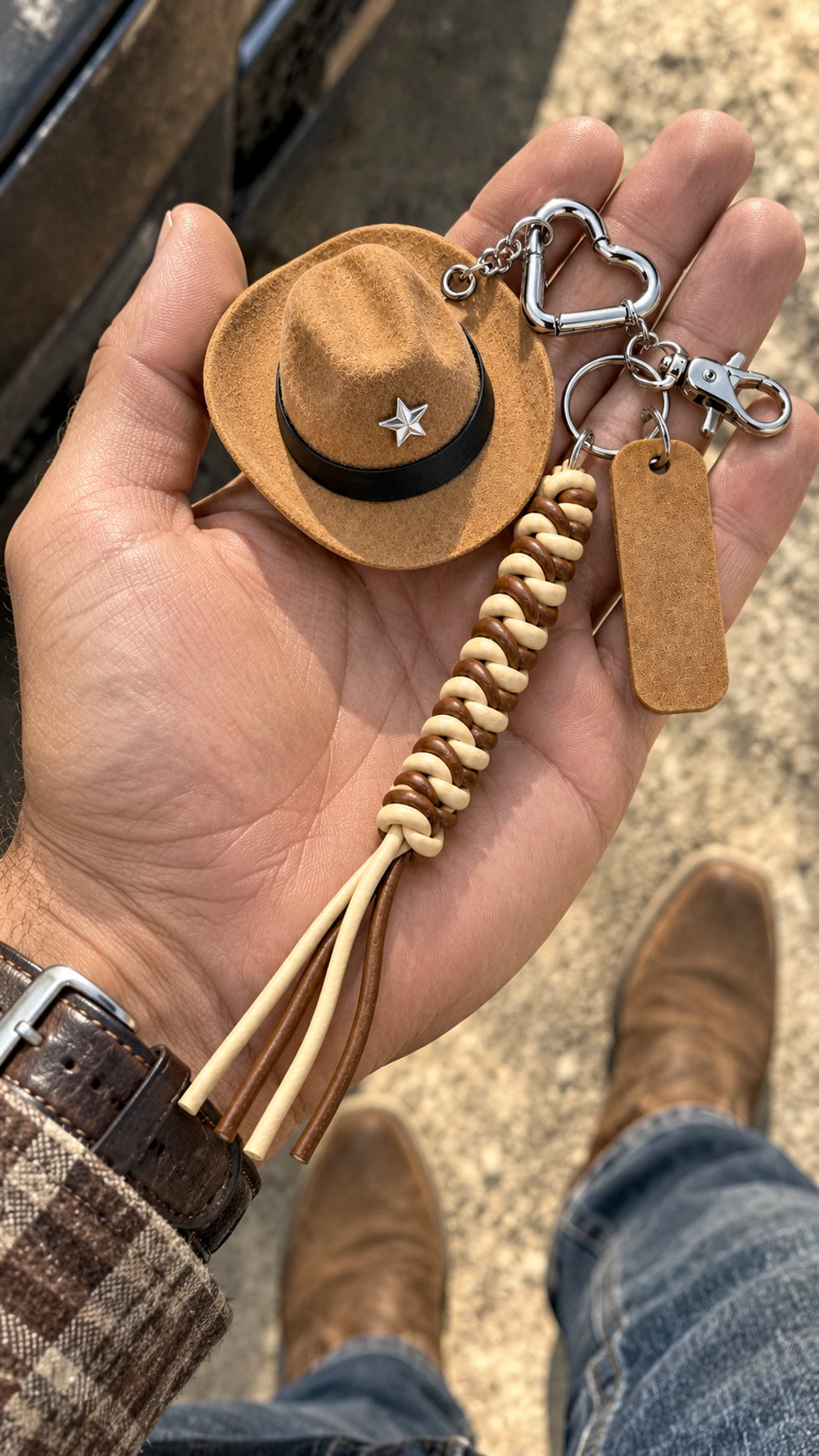 Llavero Sombrero Vaquero – Trenza y Plaqueta